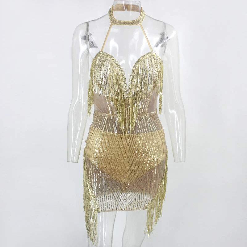 Ohvera, Сетчатое платье с блестками и кисточками, женское платье на бретелях с открытыми плечами, облегающее сексуальное платье для вечеринки,, мини летнее платье Vestidos - Цвет: Золотой