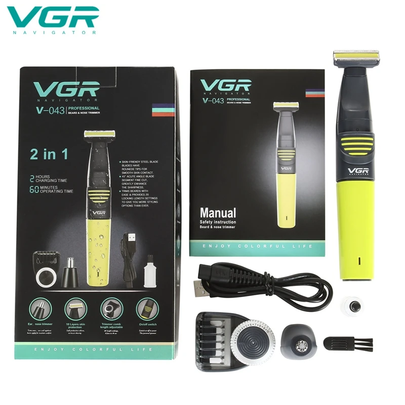 VGR V-043 электробритва 2 в 1 маленькая Т-образная головка триммер для бороды usb зарядка Мужской и Женский Триммер для бритья волос в носу
