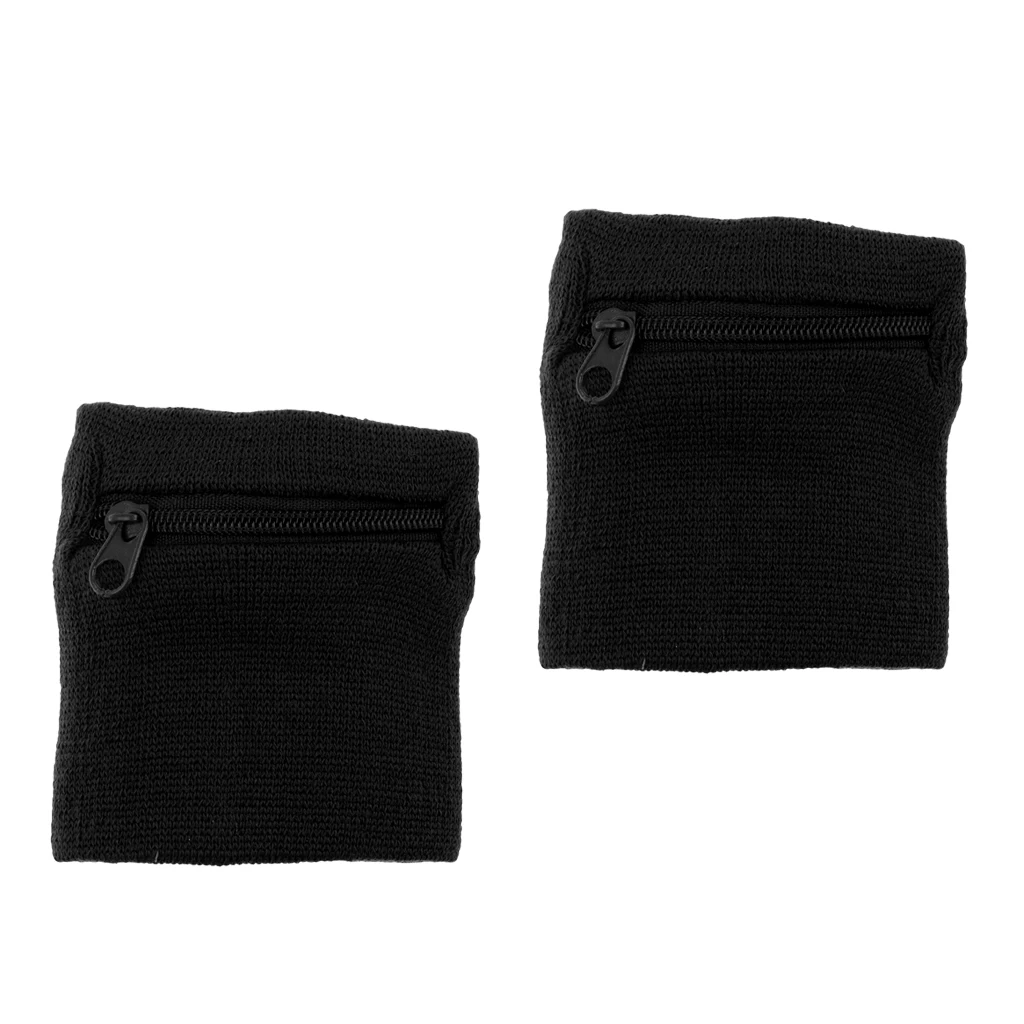 2Pcs Sports Cycling Running Sweat Bands Arm Wrist Wallet with Zipper Pocket - Black