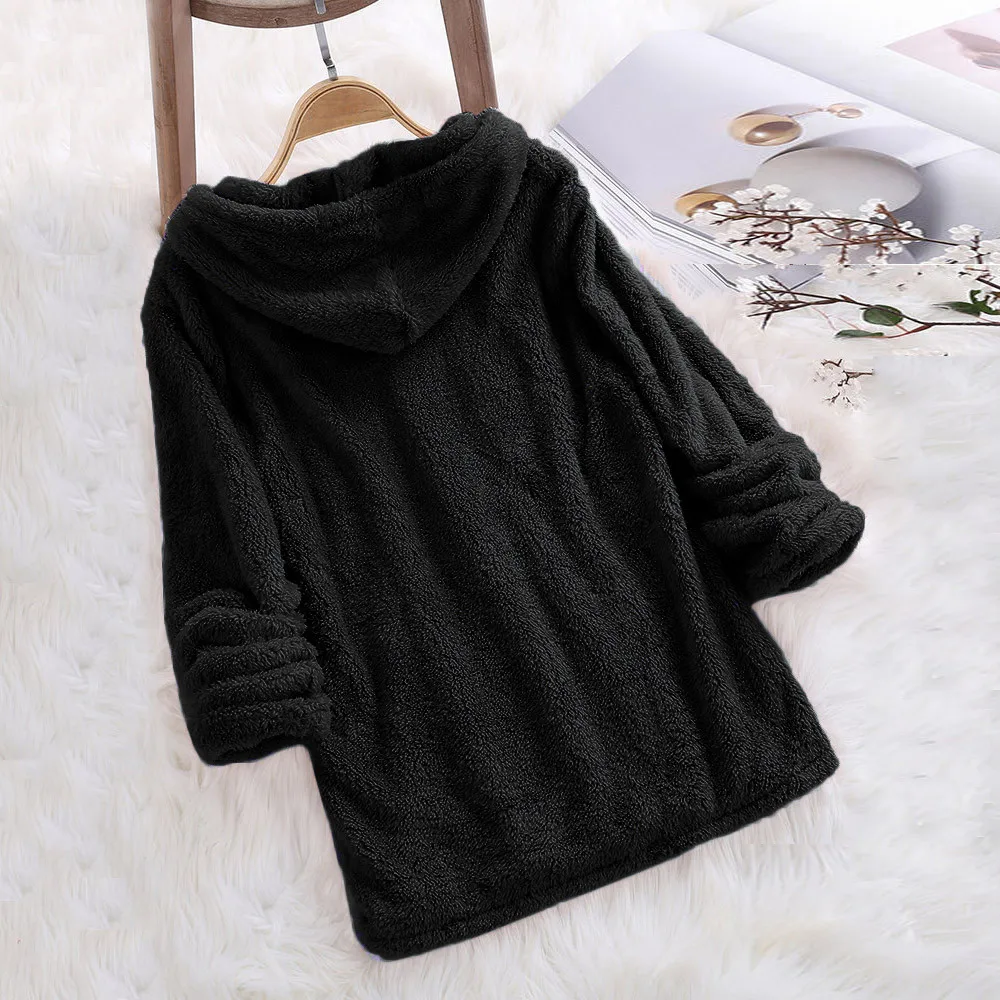 JAYCOSIN fashion ladies long-sleeved soft plush pullover sweatshirt solid color warm casual hooded sweatshirt autumn winter