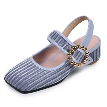 

2020 Corduroy Cloth Square Toe Shallow Retro Women Single Shoes Elegant Low Heels Slingback Thick Block Pumps Sandals Women