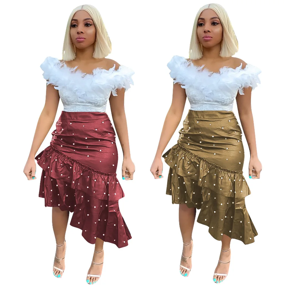 Европейская и американская мода повседневная Асимметричная юбка с бисером из искусственной кожи 2 цвета