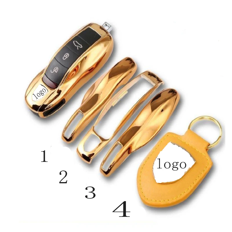 

Car logo key case modified plating key shell with leather keychain bRemote control key case key cover for Porsche Shield buckle