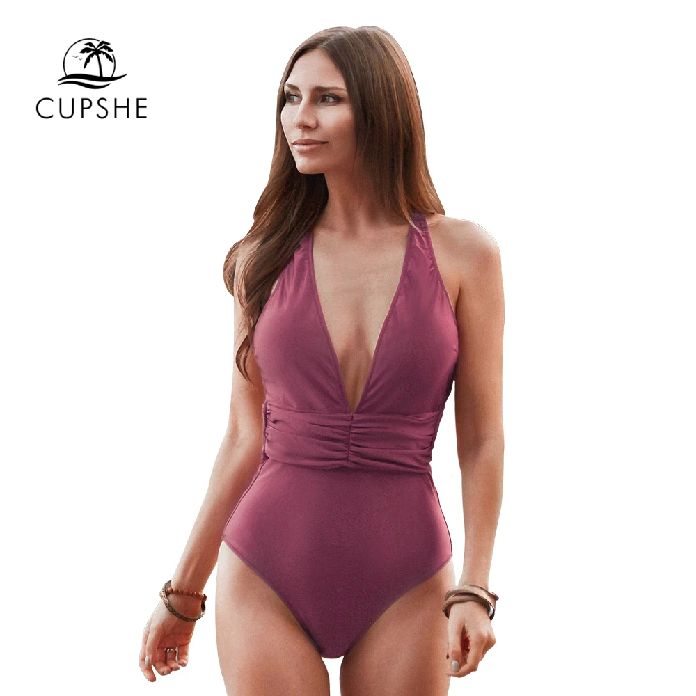 Goedkoop Cupshe Solid Red Diepe Duik Hals Uit Een Stuk Badpak Sexy Backless Shirring Vrouwen Monokini 2020 Strand Badpakken Badmode