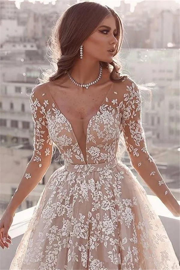 Великолепное 3D платье с кружевными аппликациями по всей длине рукава Свадебные платья A Line арабские прозрачные глубокий v-образный вырез подвенечные Свадебные платья Vestidos