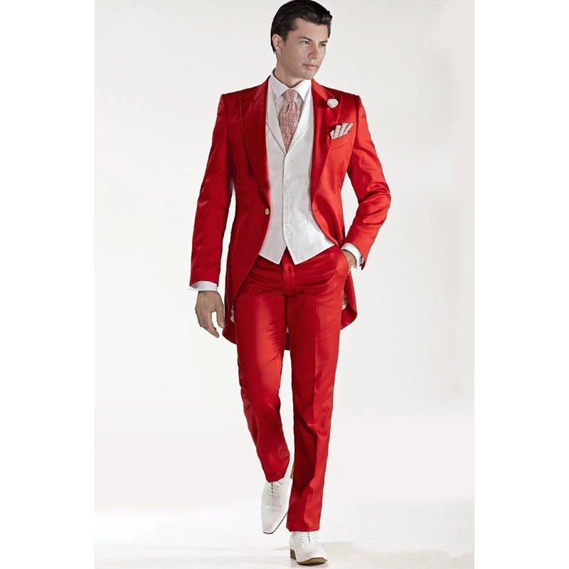Mens Red Tailcoat Blazer 3 Piece Tuxedo Groom Formal Wedding Prom Suits Tailored
