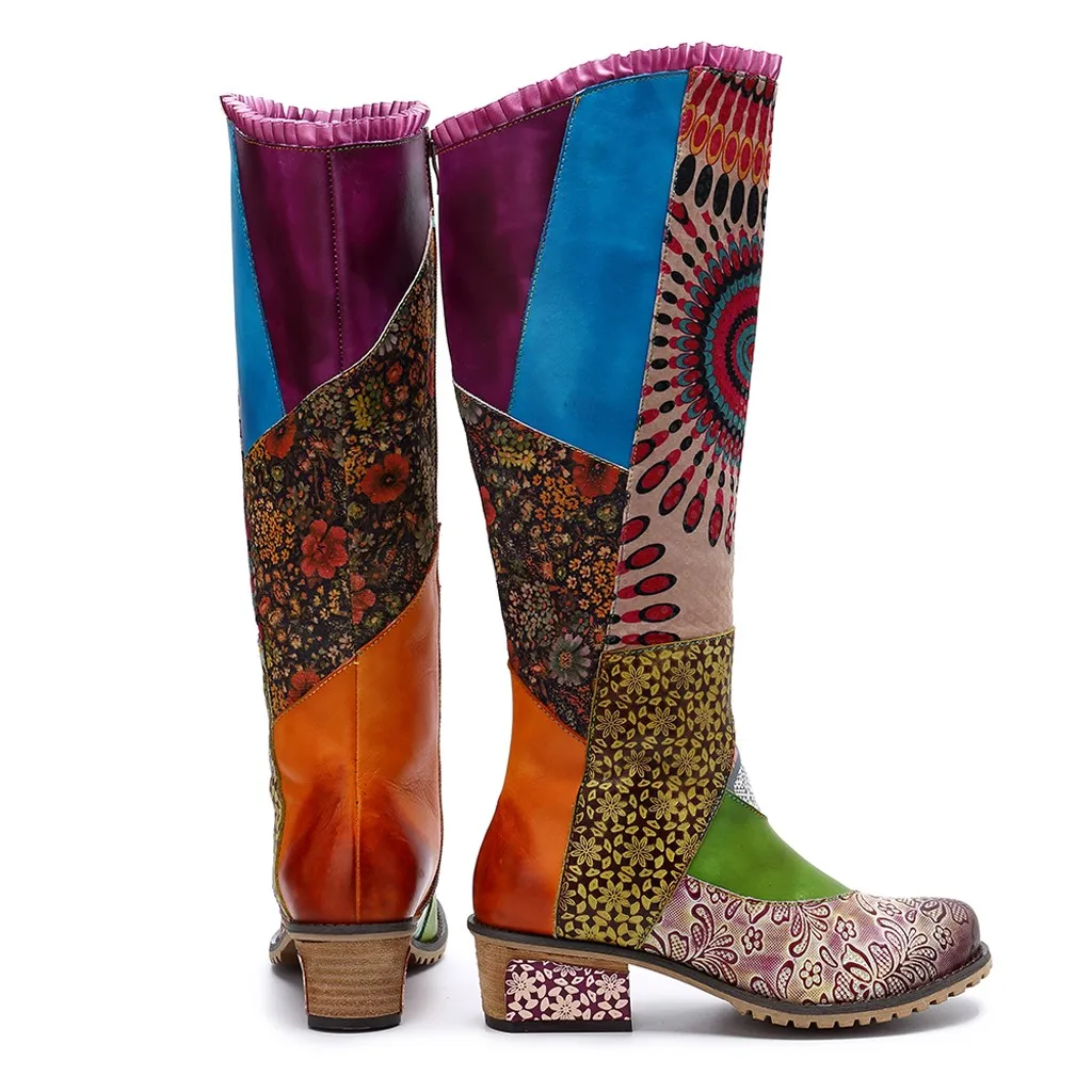 SAGACE/Женская обувь в стиле ретро с вышивкой и кружевом; ботинки до колена на плоской подошве в богемном стиле; Разноцветные Повседневные женские ботинки; 9 октября