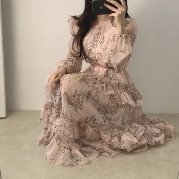 

Women Floral Chiffon Dress 2020 New Spring Autumn Two-piece Set O-neck Long Sleeves Fashion Elegant Vestidos Female Dress
