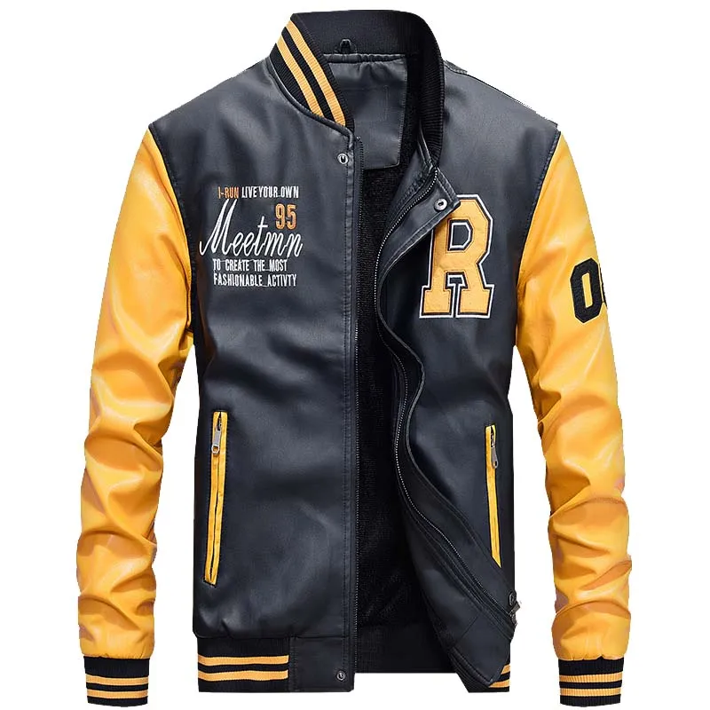 

Autumn Winter Fleece Team Jacket Men Military Bomber Jacket College Embroidery Baseball Jacket PU Faux Leather Outwear Coat