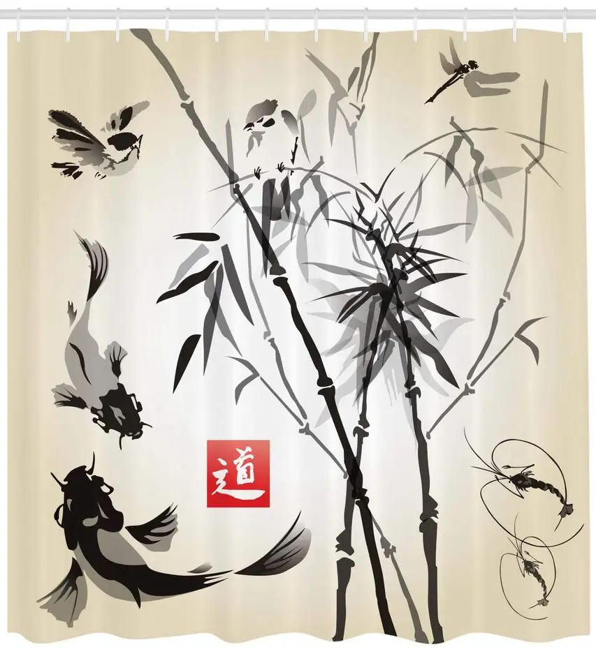 Japanese Shower Curtain Artistic Birds Fishes And Bamboo Leaves Abstract Painting Oriental Style Bathroom Decor Set With Hooks Shower Curtains Aliexpress