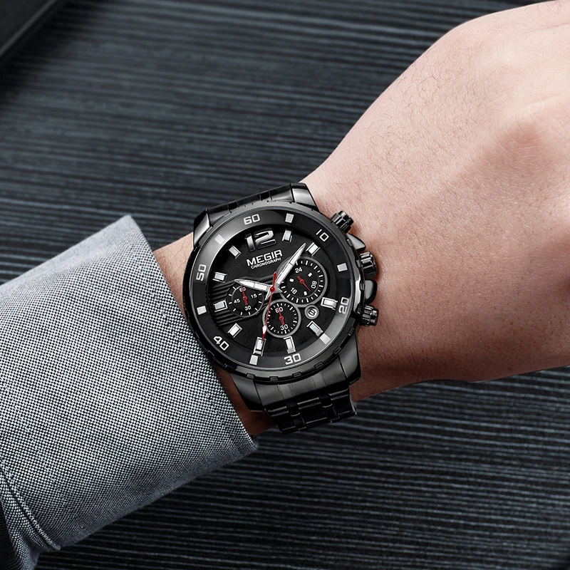 Relogio Masculino MEGIR New Black Stainless Steel Mens Quartz Watches Top Brand Luxury Luminous Waterproof Quartz Man Watch