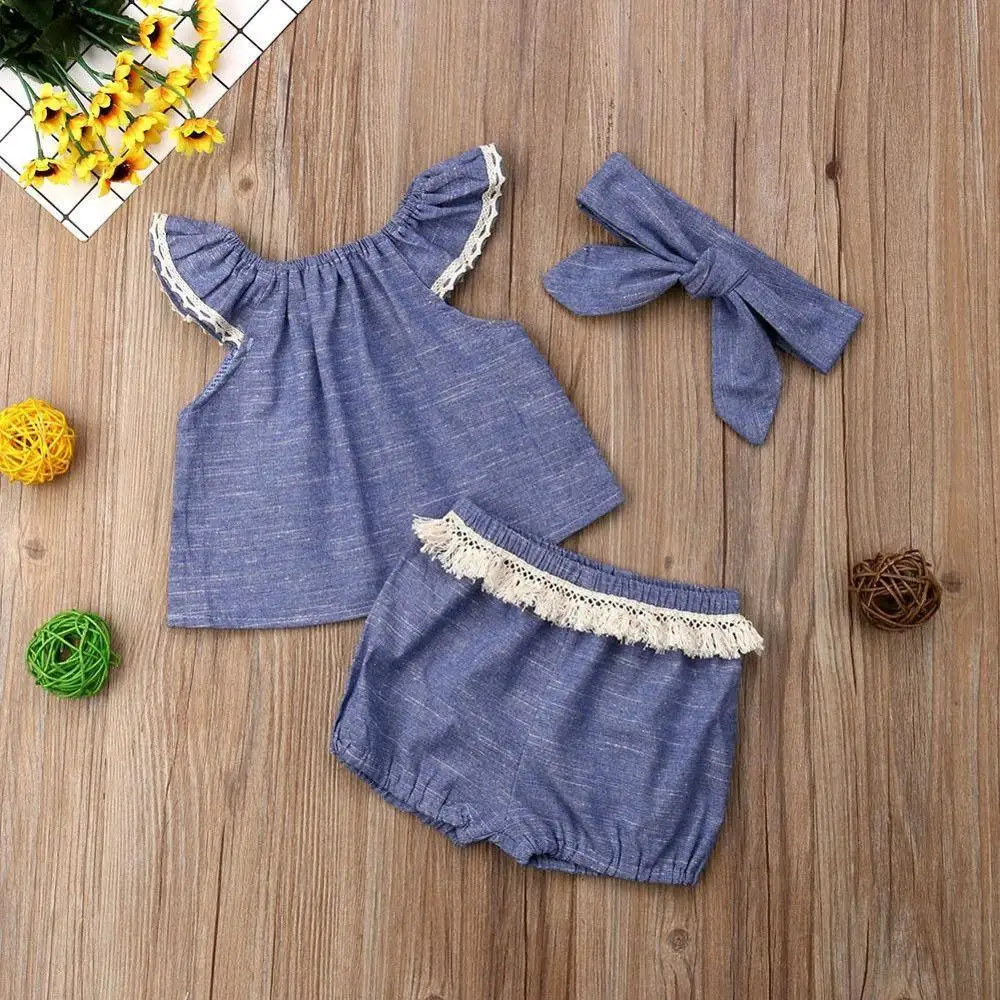 

Spring and Summer Cotton Newborn 3 Piece Ruffled Top Solid Color Shorts and Bow Headband Suit for Baby Girl Crawling Suit