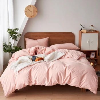 

100% Cotton Bedding Set Pink Gray Solid Color Duvet Cover Bedspreads For Home Single Double Bed Cover Sheets Sets on the bed