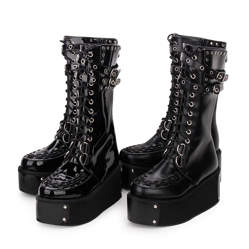 Gothic Girls Mid Calf Boots Punk Rivet Buckle Platform Shoes Lolita Thicken Heel 