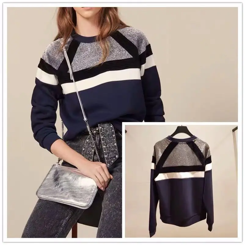 Women Hoodie French Elegance Autumn /Winter New Contrast Color Striped Sports Leisure Knitted Sweatshirt
