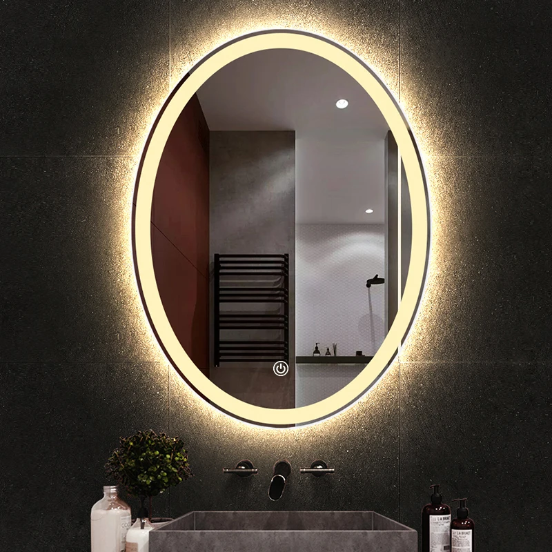 Oval Shape Smart Makeup Bathroom Mirror 3 Color Adjustable LED LIght Multifunction With Bluetooth Speaker For Bedroom Decoration