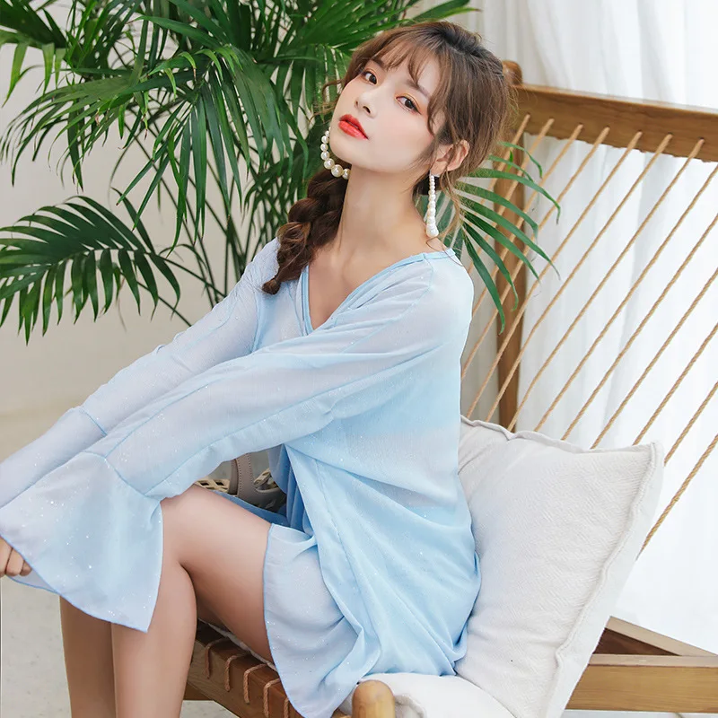 

Long Sleeve Two-piece Swimsuits Women's Three-piece Set INS Wind Belly Covering High Waist Bikini South Korea Bubble Hot Spring