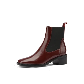 

Genuine Leather elastic band Women's Ankle Boots 2021 autumn Winter Thick high Heels ladies boots Working Shoes Woman