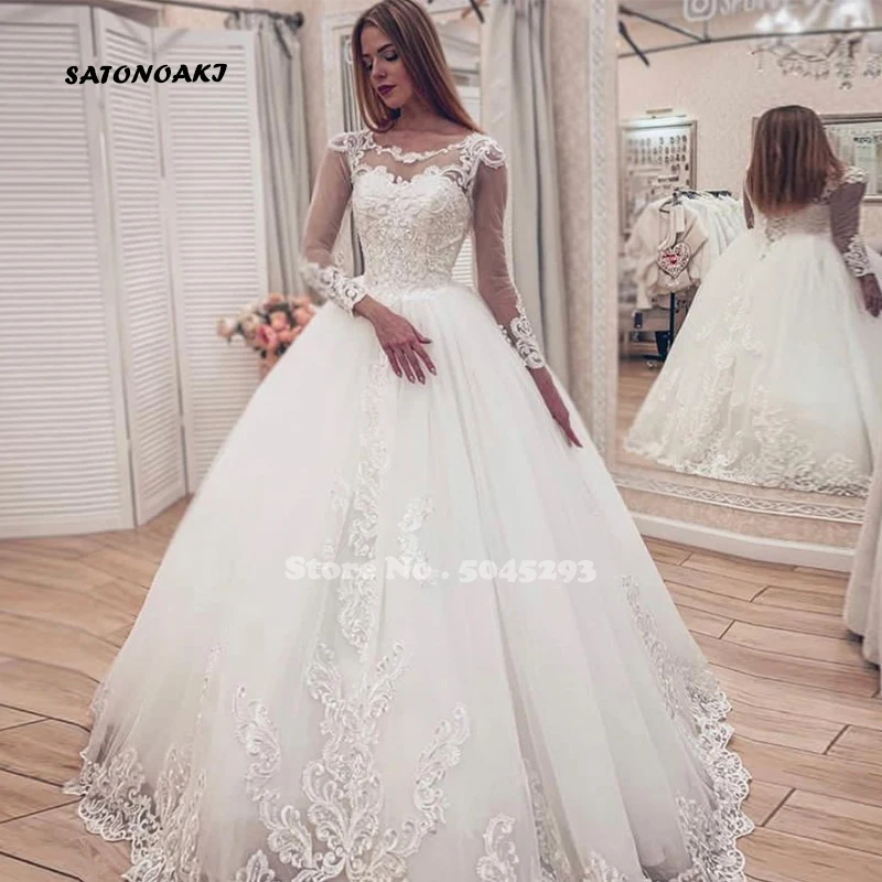SATONOAKI Роскошные vestido de noiva с длинным рукавом Кружева свадебное платье с аппликацией 2019 кружево на свадебное платье длиной до пола Свадебные