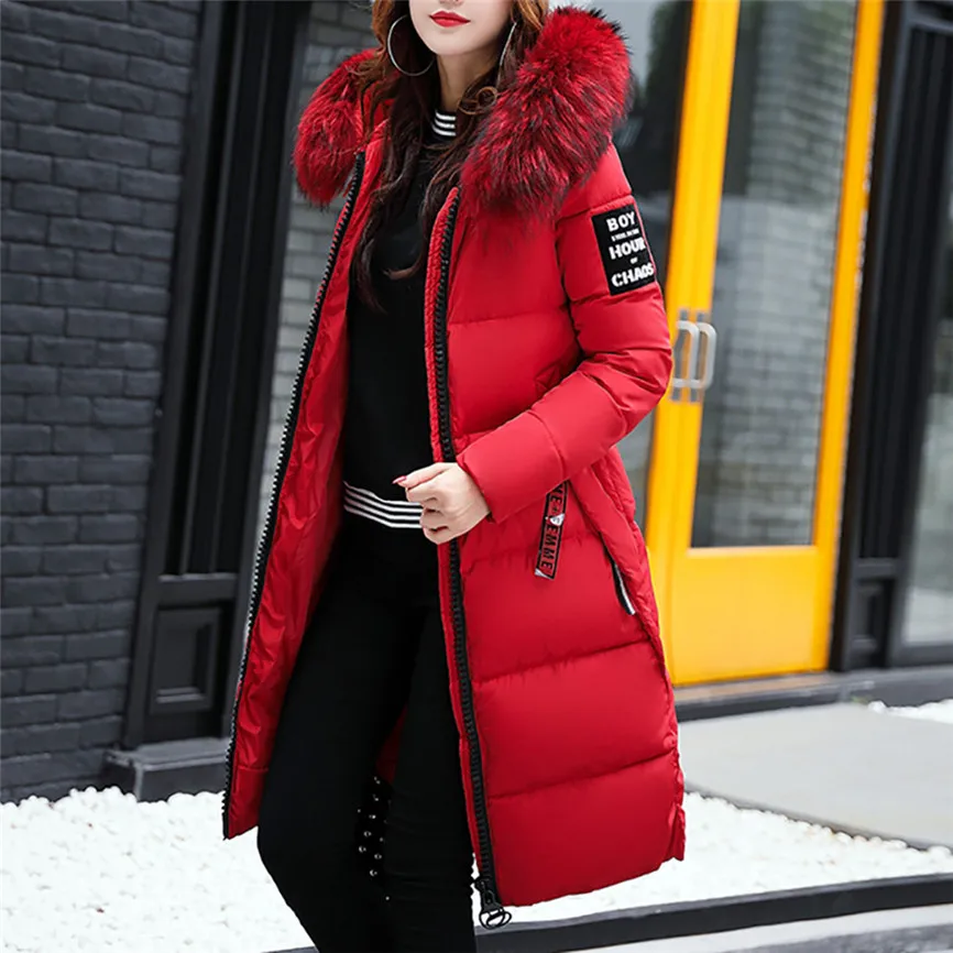 Женская однотонная Повседневная утолщенная зимняя тонкая пуховая куртка, жакет, верхняя одежда для женщин средней длины с большим меховым воротником, утолщенный хлопковый костюм