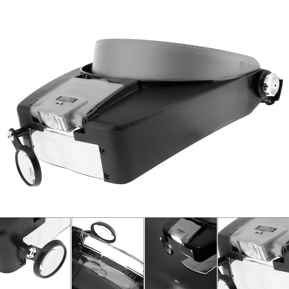 

10X ABS Black + Gray Headband Magnifier Head Magnifying Glass Lens Loupe with LED Light and 3 Optical Lens for Jewelry Repair