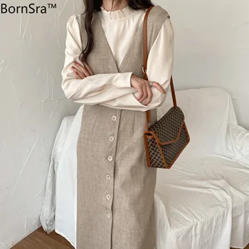 

BornSra Wooden Ear Small Stand Collar Shirt Top + Buckle V-neck Sleeveless Strap Dress Two Piece Suit