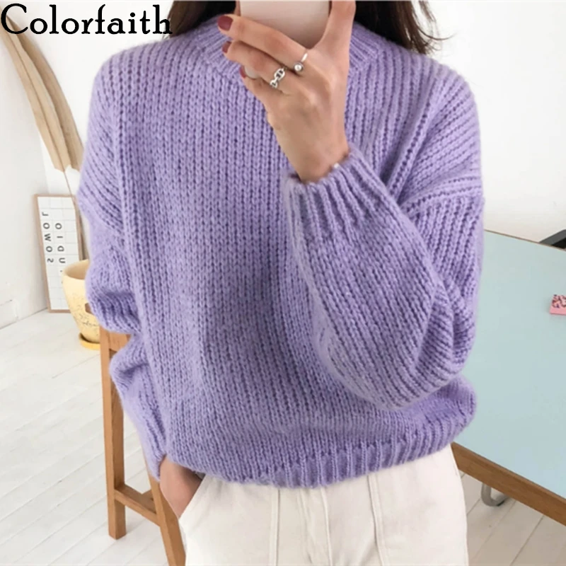 Продажа Colorfaith Новинка 2019 осень зима женские Свитера повседневные минималистичные топы Модный корейский Стиль Вязание розовый фиолетовый SW5073