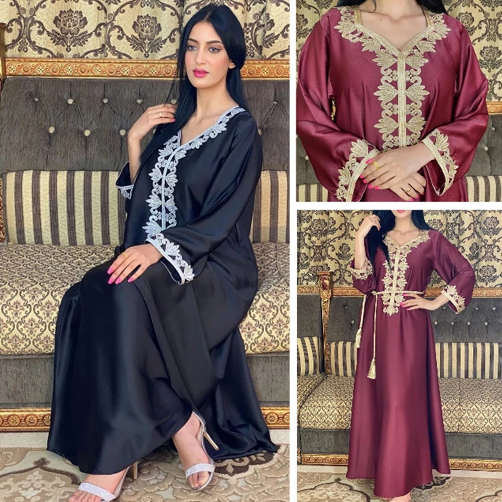 Muslim Abaya Soft Silk Satin Jalabiya Embroidery Dresses Hijab Bandage Fall African Dashiki Eid Ramadan Islamic Prayer Turkish | Женская