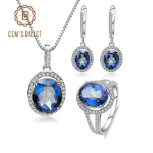 Комплект ювелирных изделий из натурального голубого мистического кварца, 11.36Ct, 925 пробы, серебряные серьги, набор колец, ювелирные изделия из драгоценных камней для женщин