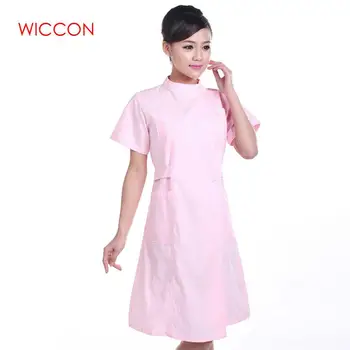 

WICCON Women Pure Color Short Sleeve Nurse Uniforms Summer Round Neck Adjustable Waist Long Work Wear Hospital Medical Coat 2020