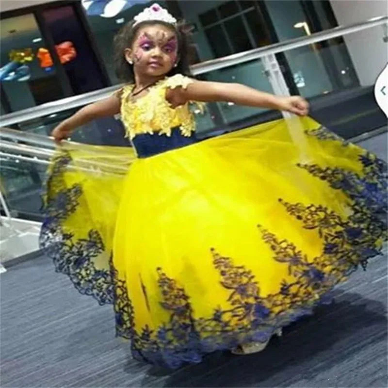 622Yellow and Royal Blue Lace Little Flower Girls' Dresses Bridal Party Cinderella Princess Style Ball Gowns For Weddings Kids S
