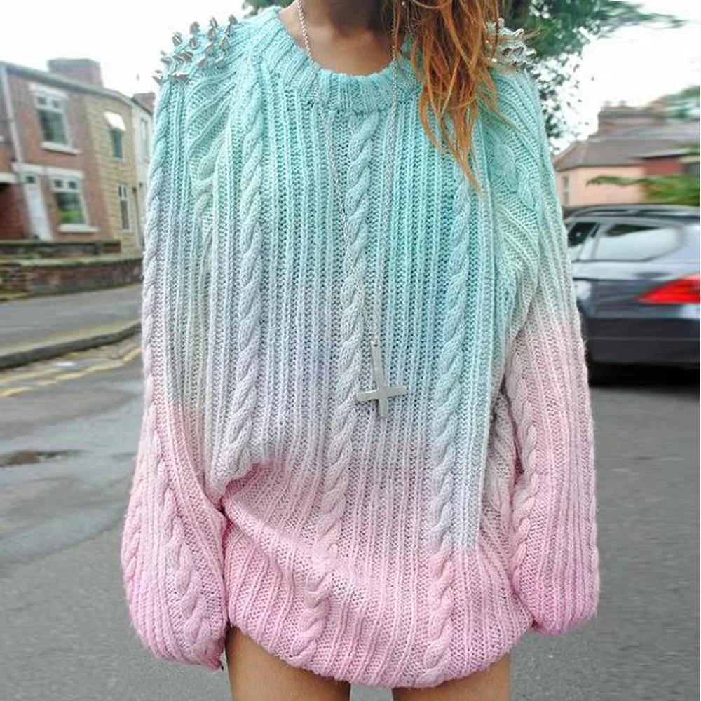 Gradually Dyed Beaded Sweater Long Sleeve Shirts Twist Knitted Pearls Loose Pullovers Autumn and Winter Crop Tops Mujer Sueteres | Женская