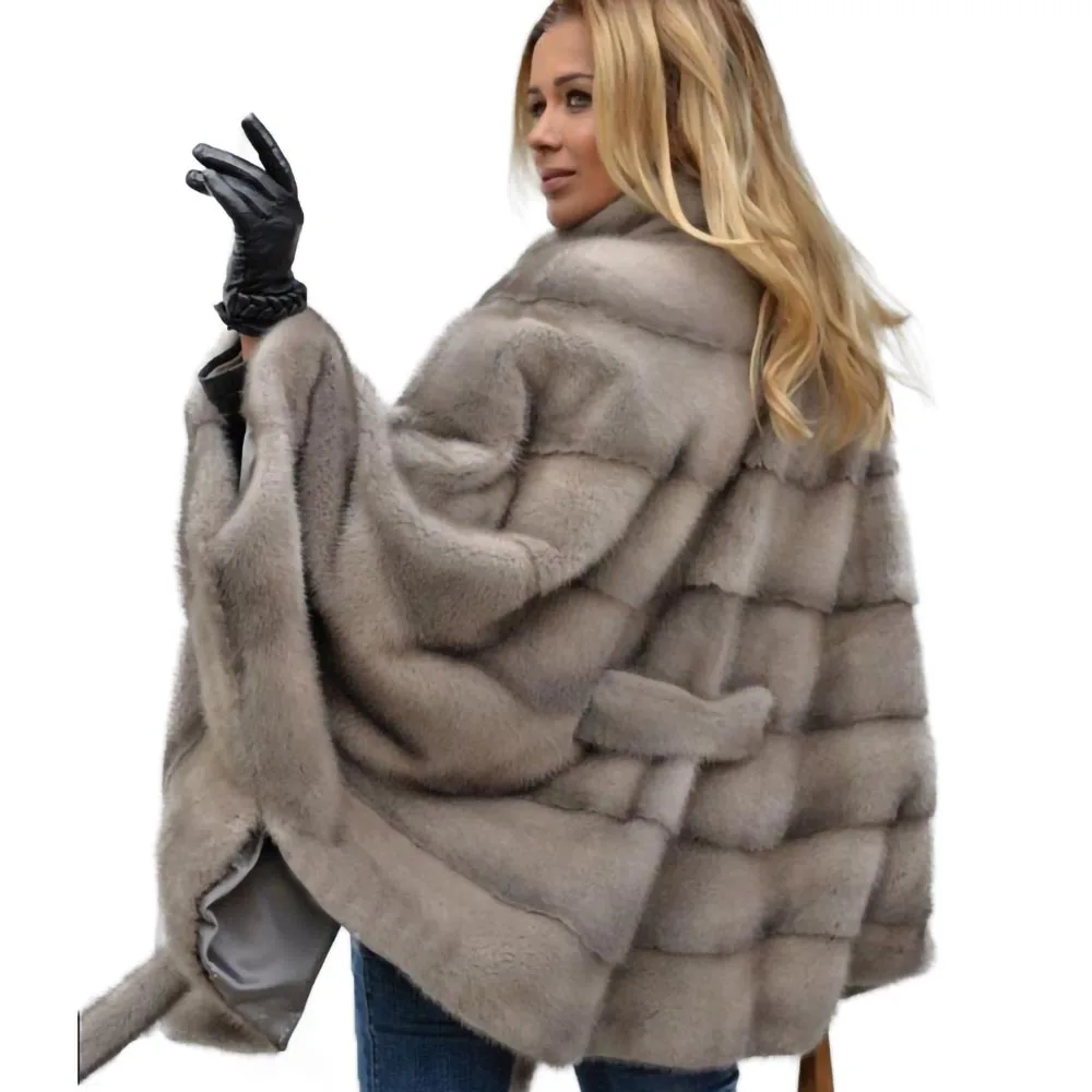 Женское меховое пальто TOPFUR серое мягкое с воротником стойкой и рукавом летучая