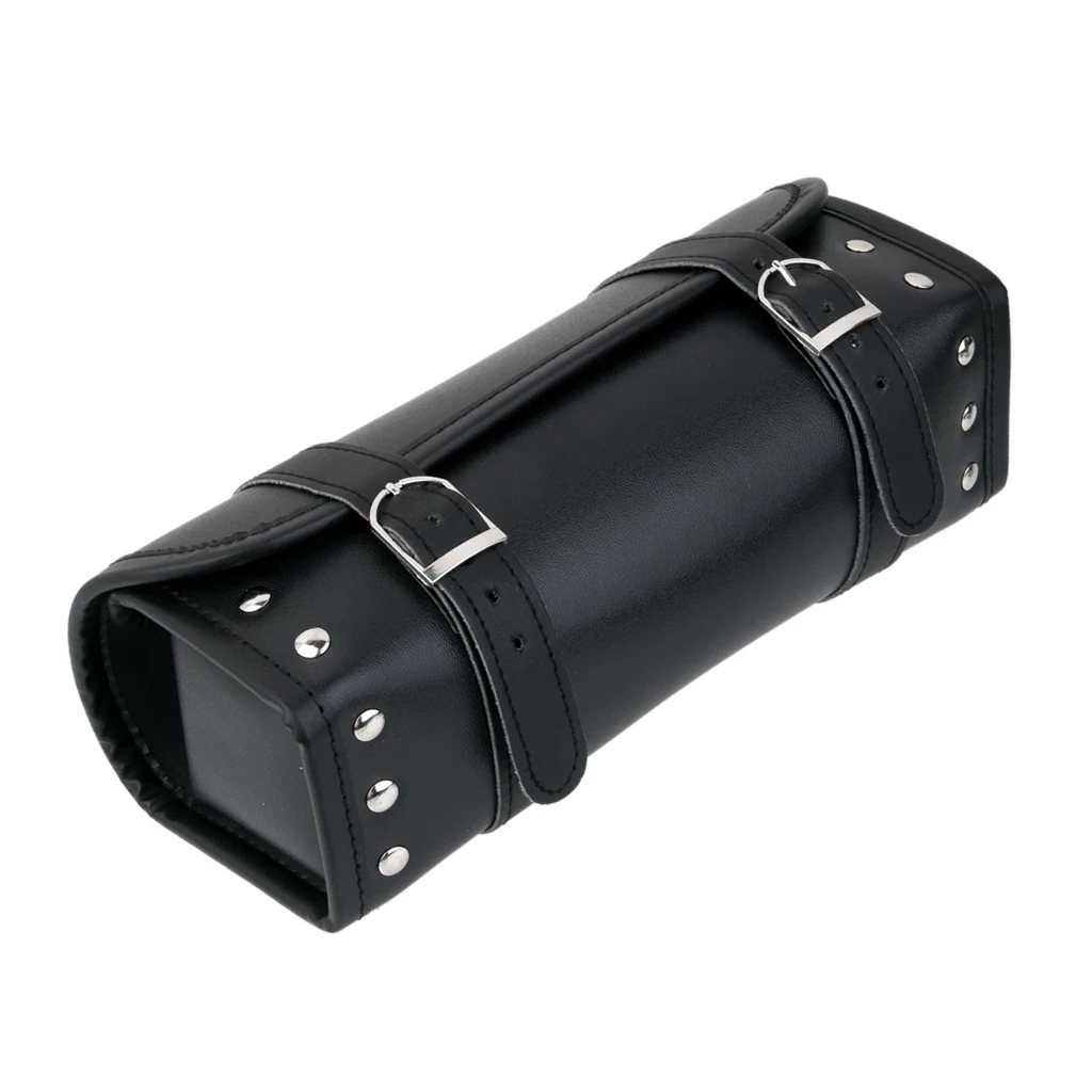 Black Motorcycle Pannier Waterproof Saddle Bag PU Leather Roll Tool Pouch