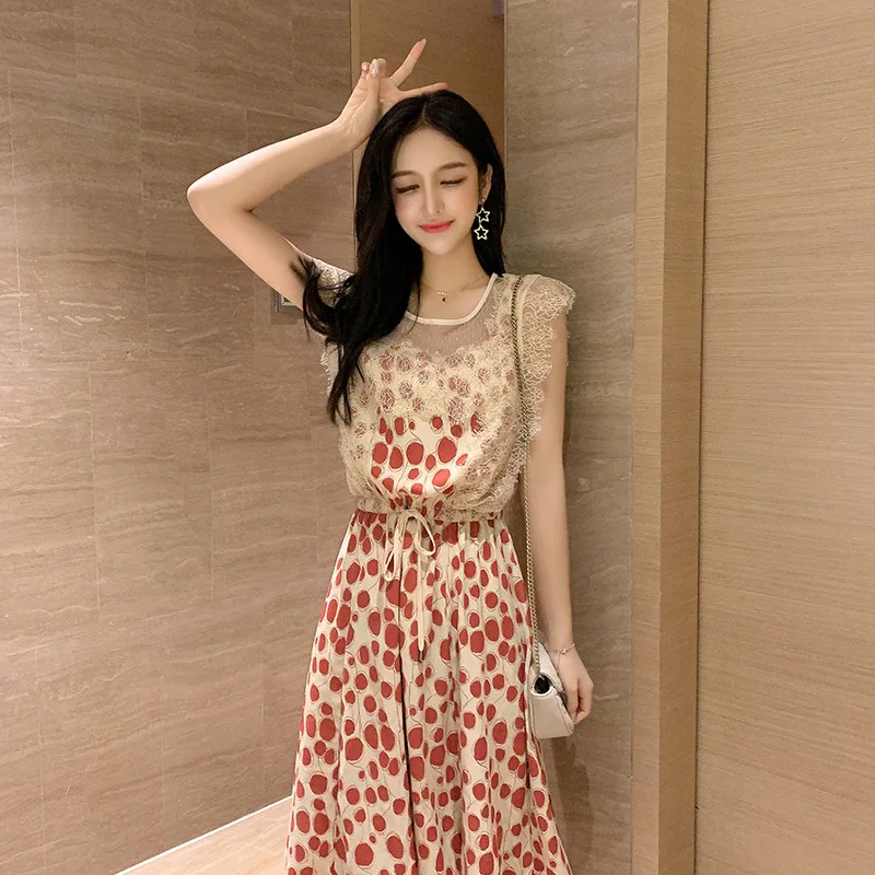 

Summer Wear New Style Online Celebrity Lace Gauze Joint Skirt Floral Chiffon Dress Women's
