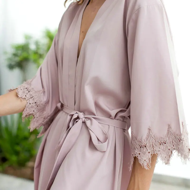 Silk Satin Robes w/ Lace Trim Gown Bridal Wedding Bridesmaid Mother Sister of The Bride Maid of Honor Kimono Robe Bathrobe Women