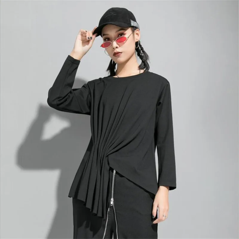 2022 Autumn New Women Tee T Shirt Femme Pleated design Irregular round neck bottoming shirt long-sleeved T-shirt