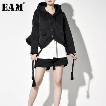 

[EAM] Loose Fit Contrast Color Big Size Drawstring Jacket New Hooded Long Sleeve Women Coat Fashion Spring Autumn 2020 JY9060
