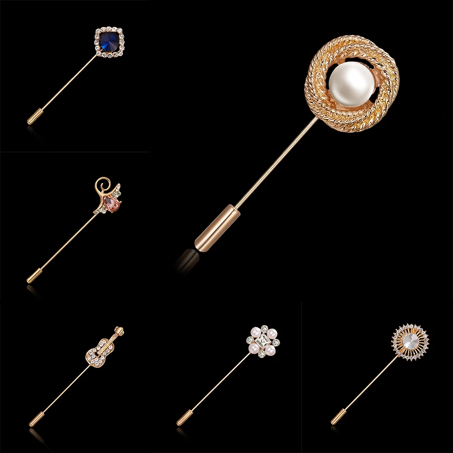 

Rinhoo Gold Color Crystal Long Needle Pins Rhinestone Pearl Square Round Guitar Flower Pin Brooch for Women Lapel Collar Jewelry