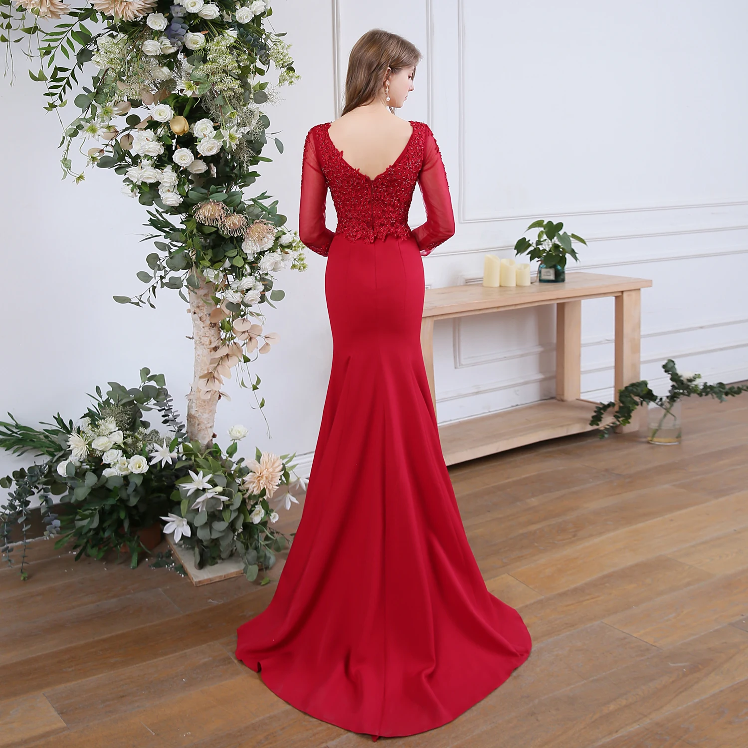 SSYFashion, новинка, банкетное элегантное бордовое вечернее платье русалки, сексуальное, тонкое, с длинным рукавом, с кружевной аппликацией, длинное, официальное платье Vestidos
