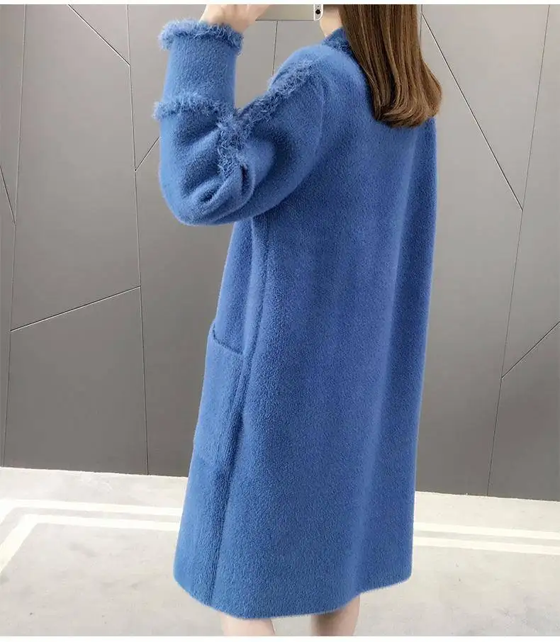 spring and autumn imitation water velvet thick woolen coat female long section new loose over the knee coat