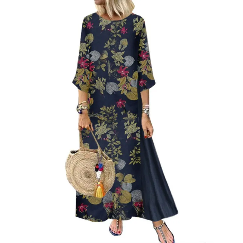 Autumn Long Dress Women Floral Print Boho Dress Three Quarter Sleeve O-neck Collar Dress Ladies Patchwork Loose Dresses HX01