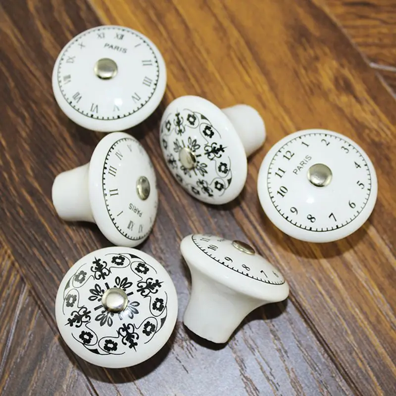 

5pcs/set Ceramic Drawer Button Handle Single Hole Furniture Handle Clock Digital European Pattern Retro Cabinet Home Improvement