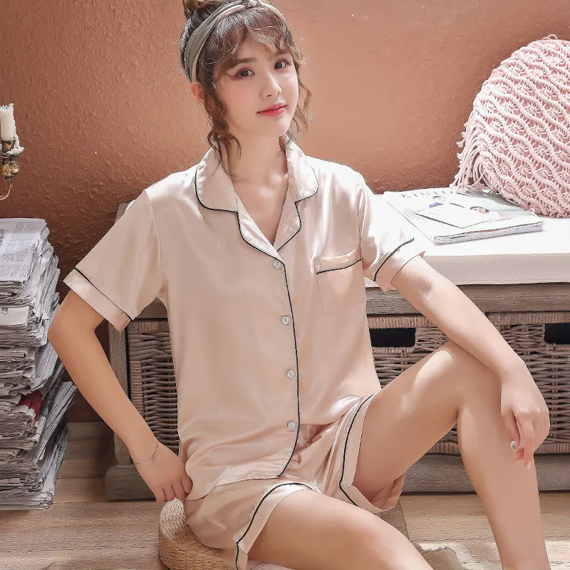 

New Style Short Sleeve Shorts Solid Color Parent And Child Mother & Daughter Imitated Silk Pajamas Men And Women Child Baby Home