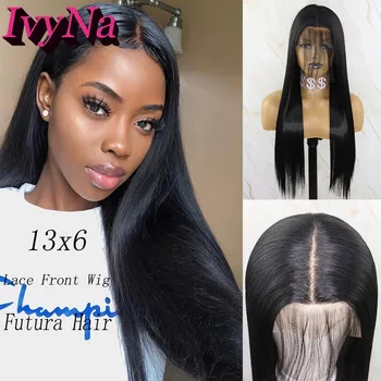 

IvyNa Jet Black 13x6 Synthetic Lace Front Wigs Long Straight Synthetic Futura Heat Resistant Hair Deep Part Lace Wigs Baby Hair