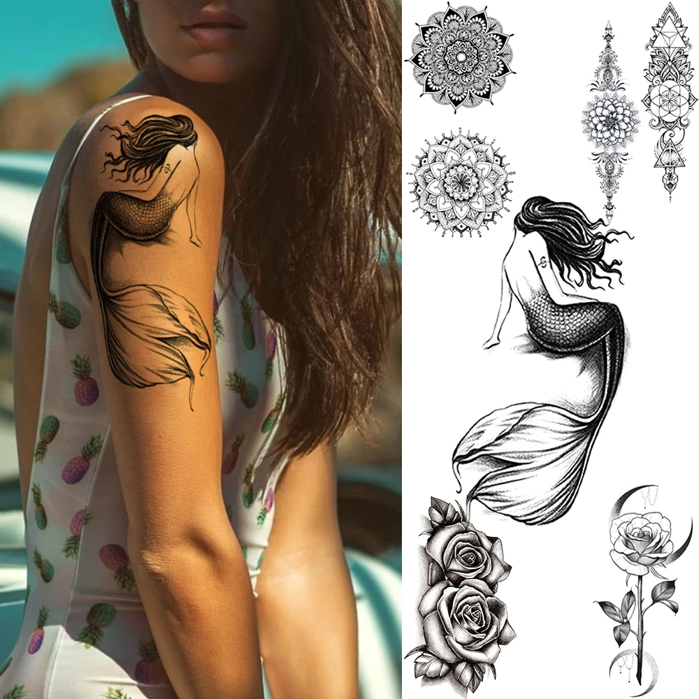 Black Mermaid Temporary Tattoos For Women Mandala Henna Flower Tattoo  Sticker Lace Rose Branch Tatoo Sheet Body Arm Waist Chains - Temporary  Tattoos - AliExpress