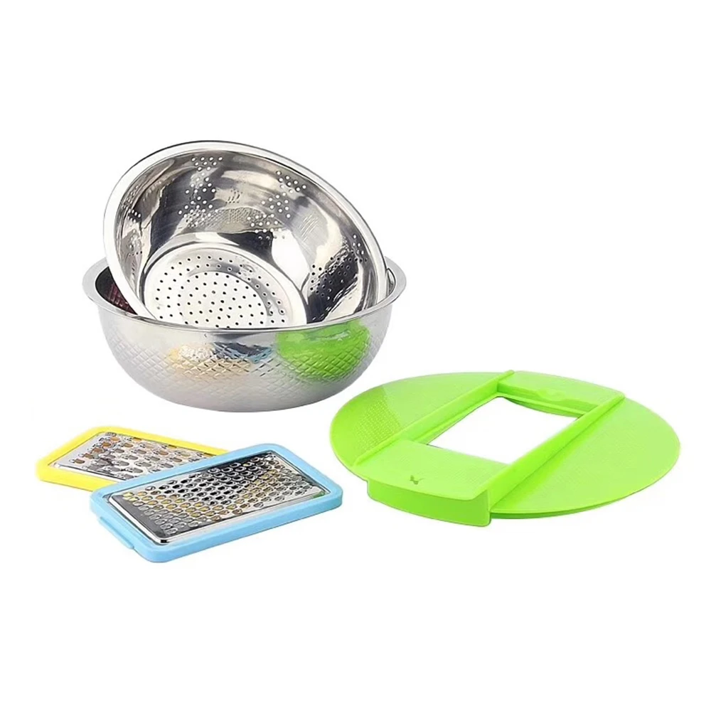 

Set of 5 Stainless Steel Rice Washer Drain Basket Flour Mixing Bowl Kitchen Vegetables Fruit Washing Storage Colanders Grater