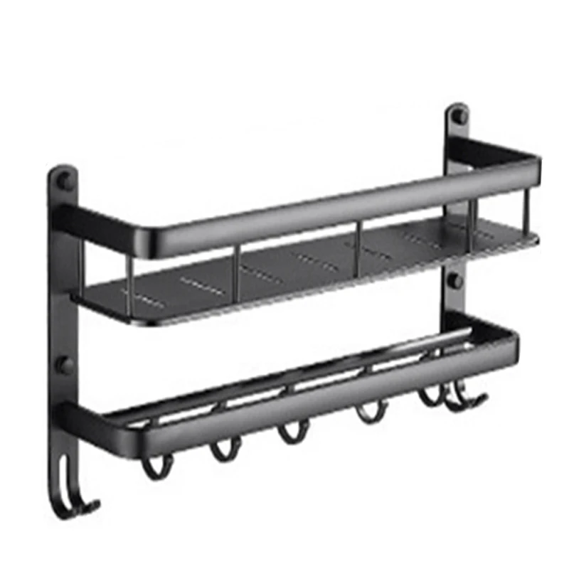 

New Bathroom Black Shelf Aluminum Shower Caddy Corner Shelf Towel Rack With Bar Hook Hair Dryer Holder