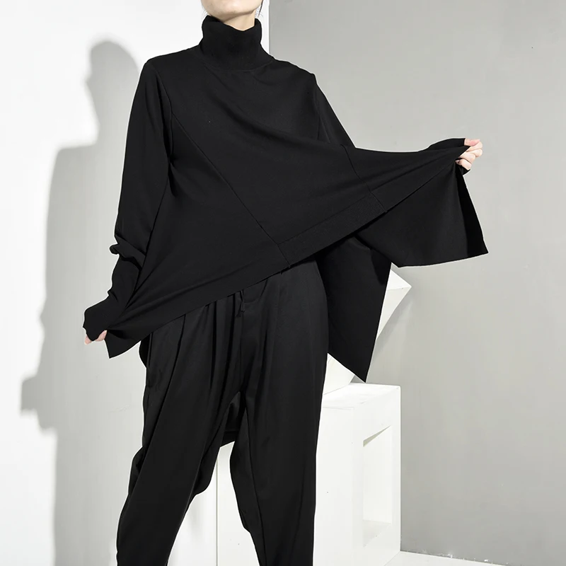 [EAM] Свободная черная Длинная толстовка с высоким воротником и длинным рукавом, модная женская одежда больших размеров на осень и зиму OA8690