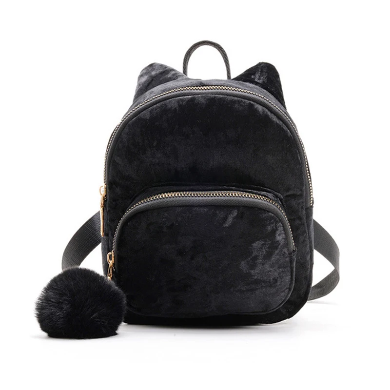 Черный New Fashion Women Backpack Velour Female Bag Zipper Ladies Backpacks Girl Cartoon Kitten Ear Hair Ball Desinger Shoulder Bags - Цвет: Черный